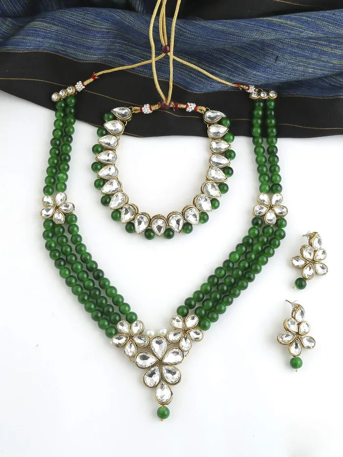 Yellow Chimes Necklaces Yellow Chimes Ethnic Kundan Set Indian Traditional Green Pearl Multilayer Dulhan Bridal Jewellery Set Necklace Set for Women Girls