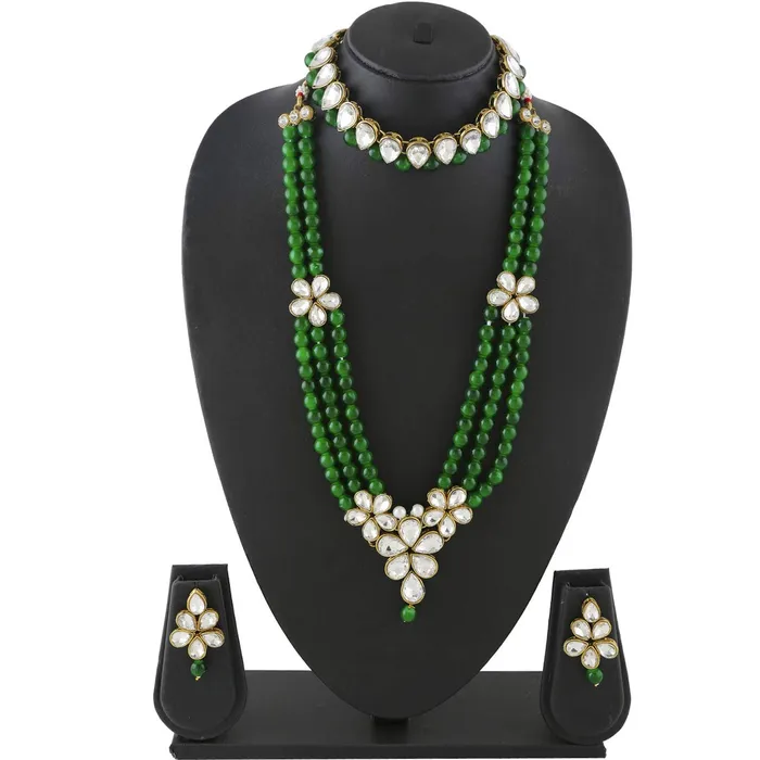 Yellow Chimes Necklaces Yellow Chimes Ethnic Kundan Set Indian Traditional Green Pearl Multilayer Dulhan Bridal Jewellery Set Necklace Set for Women Girls