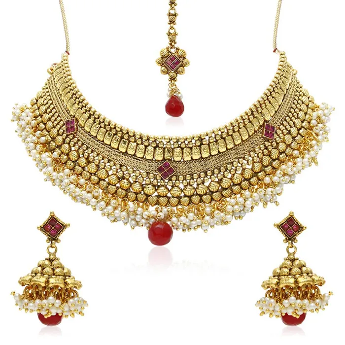 Yellow Chimes Necklaces Yellow Chimes Exclusive Gold Plated Studded Pearl Antique Look Ethnic Traditional Choker Necklace Set with Maang Tikka Jhumka And Earrings Jewellery Set for Women Yellow Chimes Necklaces Yellow Chimes Exclusive Gold Plated Studded Pearl Antique Look Ethnic Traditional Choker Necklace Set with Maang Tikka Jhumka And Earrings Jewellery Set for Women