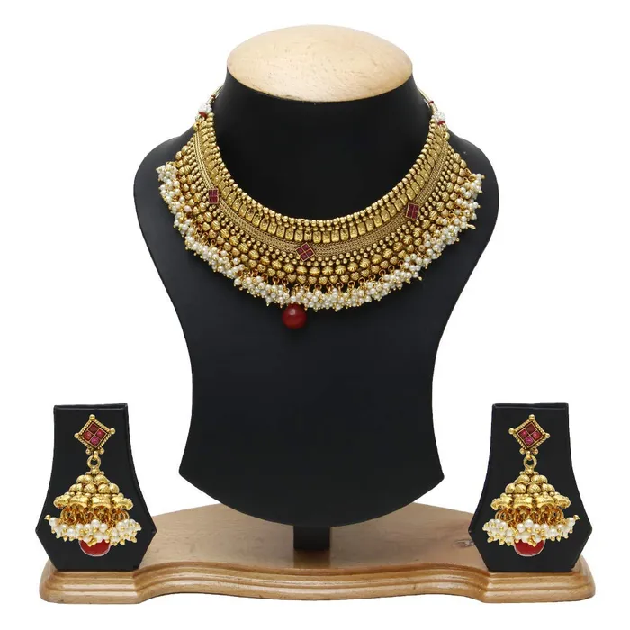 Yellow Chimes Necklaces Yellow Chimes Exclusive Gold Plated Studded Pearl Antique Look Ethnic Traditional Choker Necklace Set with Maang Tikka Jhumka And Earrings Jewellery Set for Women