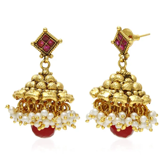 Yellow Chimes Necklaces Yellow Chimes Exclusive Gold Plated Studded Pearl Antique Look Ethnic Traditional Choker Necklace Set with Maang Tikka Jhumka And Earrings Jewellery Set for Women