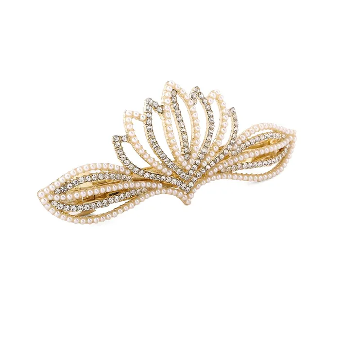 Yellow Chimes Necklaces Yellow Chimes Hair Clips for Women Gold Toned Crown Designed White Crystal Studded French Baratte Hair Clip for Women and Girls