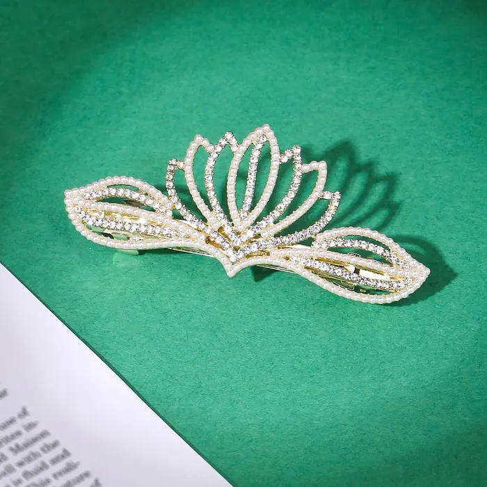 Yellow Chimes Necklaces Yellow Chimes Hair Clips for Women Gold Toned Crown Designed White Crystal Studded French Baratte Hair Clip for Women and Girls