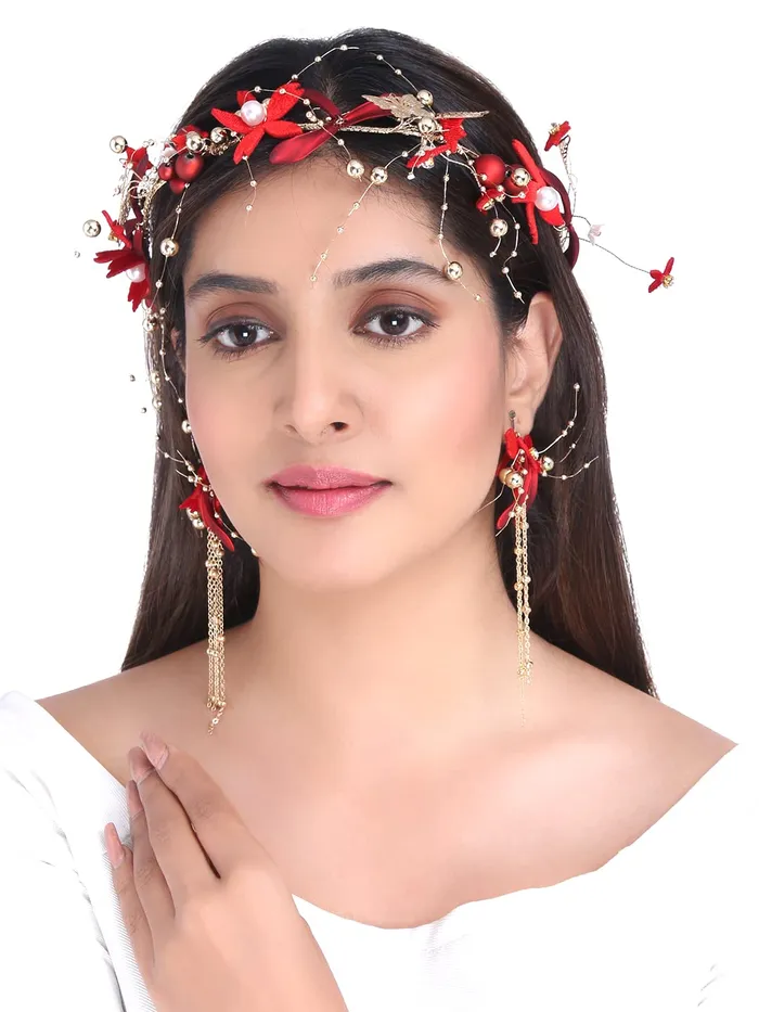 Yellow Chimes Necklaces Yellow Chimes Hair Vines for Women Floral Hair Vine Red Hair Vine With Earrings Hair Accessories Wedding Jewellery for Girls and Women