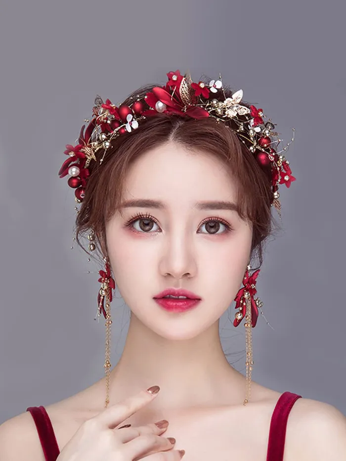Yellow Chimes Necklaces Yellow Chimes Hair Vines for Women Floral Hair Vine Red Hair Vine With Earrings Hair Accessories Wedding Jewellery for Girls and Women