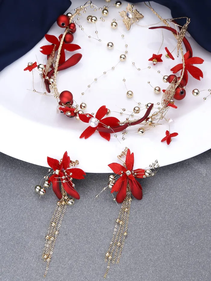 Yellow Chimes Necklaces Yellow Chimes Hair Vines for Women Floral Hair Vine Red Hair Vine With Earrings Hair Accessories Wedding Jewellery for Girls and Women