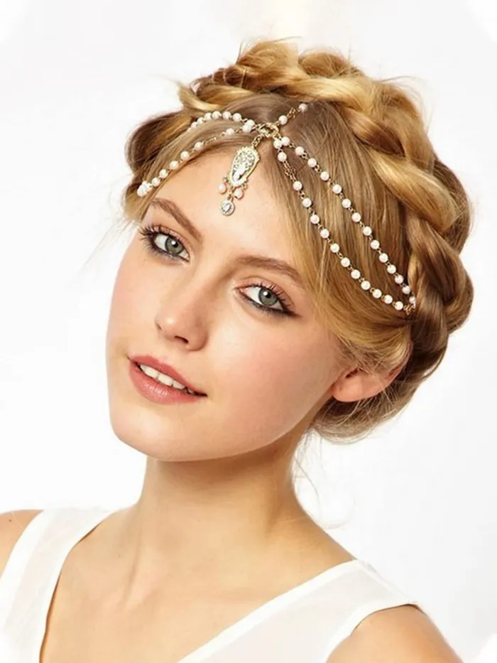 Yellow Chimes Necklaces Yellow Chimes Head Chain For Women Gold Toned Multilayer Pearl Studded Charm Head Chain For Women and Girls
