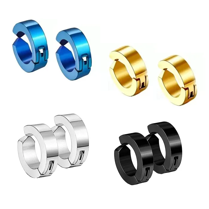 Yellow Chimes Necklaces Yellow Chimes Hoop Earrings for Men Combo of 4 Pairs Stainless Steel Multicolor Non Piercing Huggie Hoops Earrings for Men and Women
