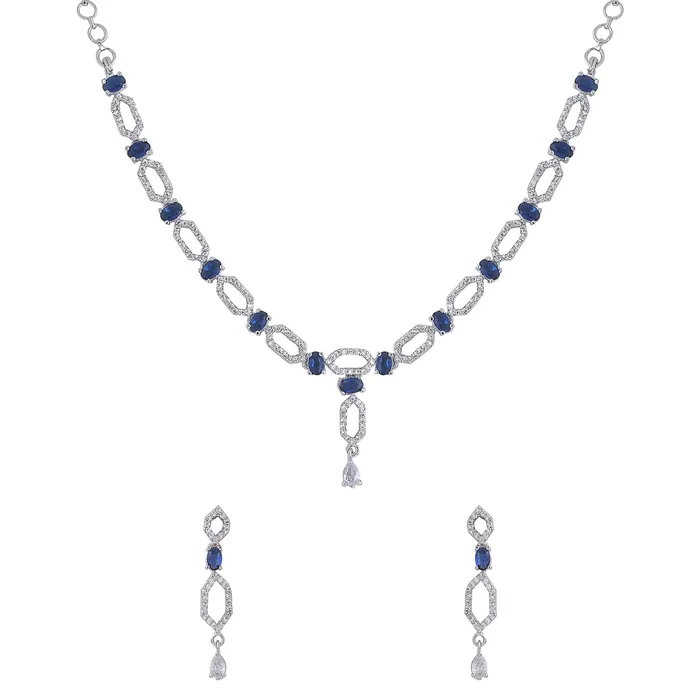 Yellow Chimes Necklaces Yellow Chimes Jewellery Set for Women and Girls American Diamond Jewellery Set Silver Tone Blue AD Necklace Set Birthday Gift for girls and women Anniversary Gift for Wife