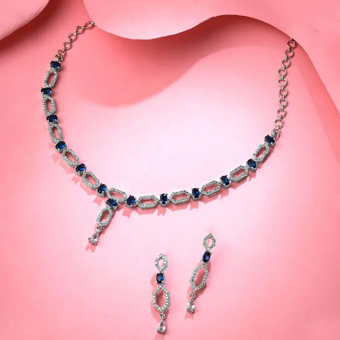 Yellow Chimes Necklaces Yellow Chimes Jewellery Set for Women and Girls American Diamond Jewellery Set Silver Tone Blue AD Necklace Set Birthday Gift for girls and women Anniversary Gift for Wife
