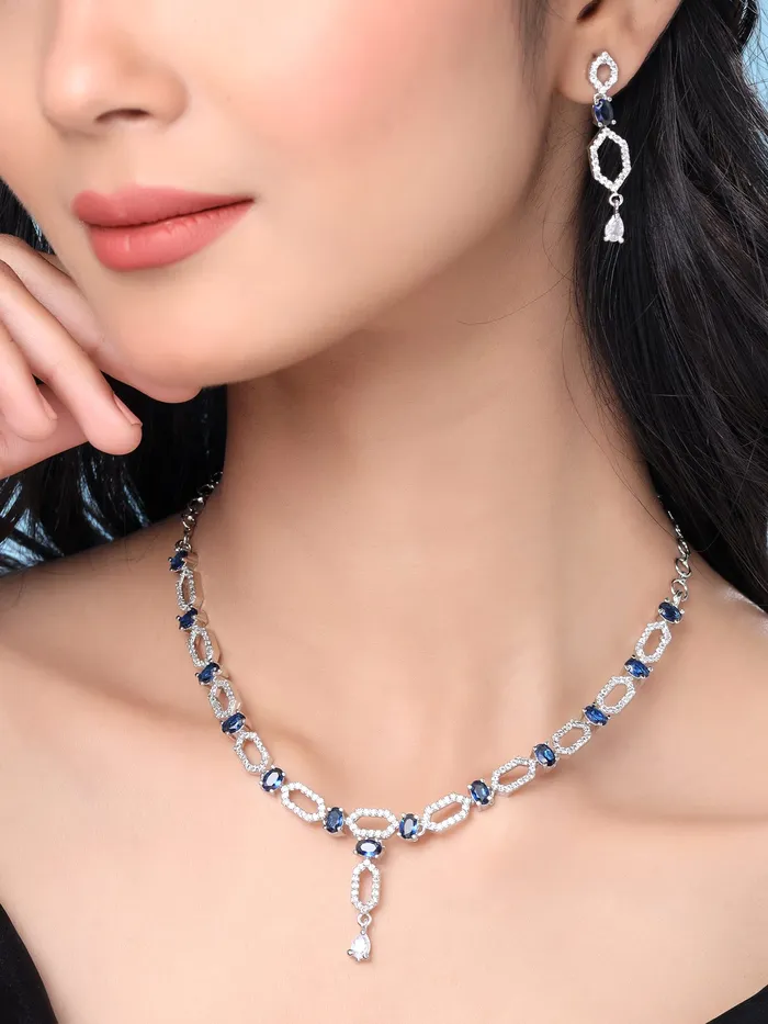 Yellow Chimes Necklaces Yellow Chimes Jewellery Set for Women and Girls American Diamond Jewellery Set Silver Tone Blue AD Necklace Set Birthday Gift for girls and women Anniversary Gift for Wife