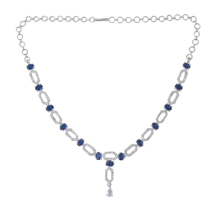 Yellow Chimes Necklaces Yellow Chimes Jewellery Set for Women and Girls American Diamond Jewellery Set Silver Tone Blue AD Necklace Set Birthday Gift for girls and women Anniversary Gift for Wife