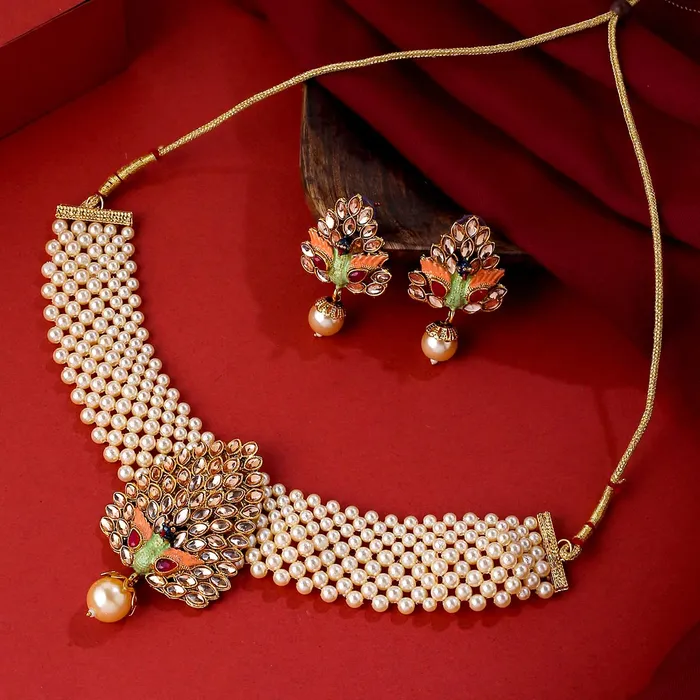 Yellow Chimes Necklaces Yellow Chimes Jewellery Set for Women and Girls Kundan Necklaces Set Gold Plated Beads Beaded Kundan Choker Necklace Set Birthday Gift for girls and women Anniversary Gift for Wife