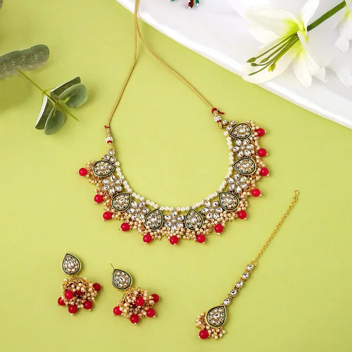 Yellow Chimes Necklaces Yellow Chimes Jewellery Set for Women and Girls Traditional Kundan Necklace Set Gold Plated Kundan Choker Necklace Set Birthday Gift for girls and women Anniversary Gift for Wife