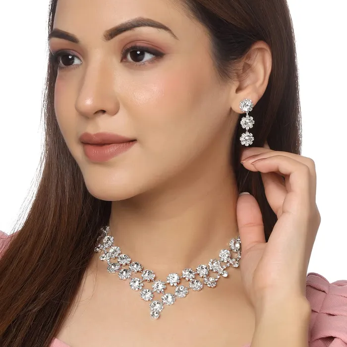 Yellow Chimes Necklaces Yellow Chimes Jewellery Set For Women Floral Crystal Studded Multilayer Designed Necklace Set For Women and Girls