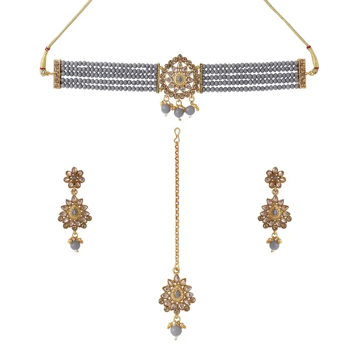 Yellow Chimes Necklaces Yellow Chimes Jewellery Set For Women Kundan studded Choker Set With Earrings and Mangtikka For Women and Girls Yellow Chimes Necklaces Yellow Chimes Jewellery Set For Women Kundan studded Choker Set With Earrings and Mangtikka For Women and Girls