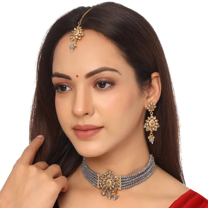 Yellow Chimes Necklaces Yellow Chimes Jewellery Set For Women Kundan studded Choker Set With Earrings and Mangtikka For Women and Girls