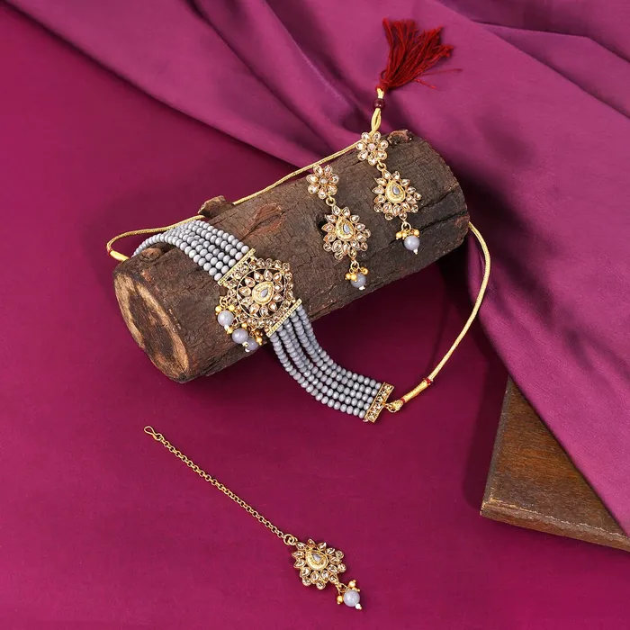 Yellow Chimes Necklaces Yellow Chimes Jewellery Set For Women Kundan studded Choker Set With Earrings and Mangtikka For Women and Girls