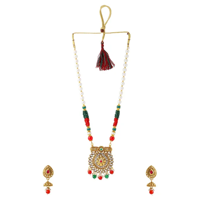 Yellow Chimes Necklaces Yellow Chimes Jewellery Set For Women Long Kundan Beaded Charm Attached Necklace Set With Earrings For Women and Girls