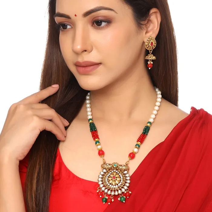 Yellow Chimes Necklaces Yellow Chimes Jewellery Set For Women Long Kundan Beaded Charm Attached Necklace Set With Earrings For Women and Girls