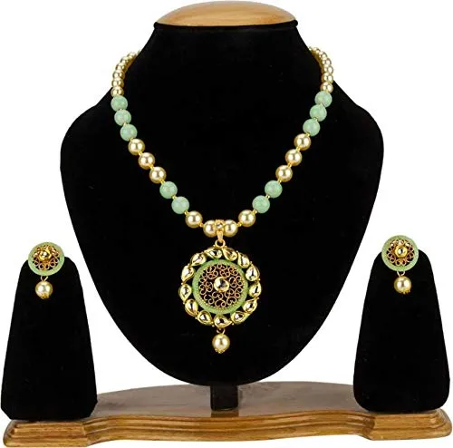 Yellow Chimes Necklaces Yellow Chimes Latest Modern Pearl Kundan Traditional Adorable Necklace With Stud Drop Earrings For Women Lite Green