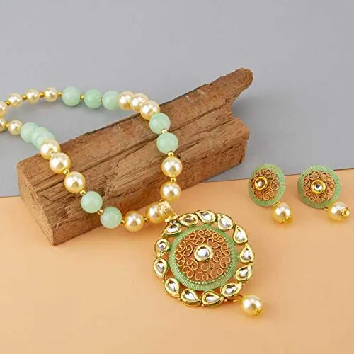 Yellow Chimes Necklaces Yellow Chimes Latest Modern Pearl Kundan Traditional Adorable Necklace With Stud Drop Earrings For Women Lite Green
