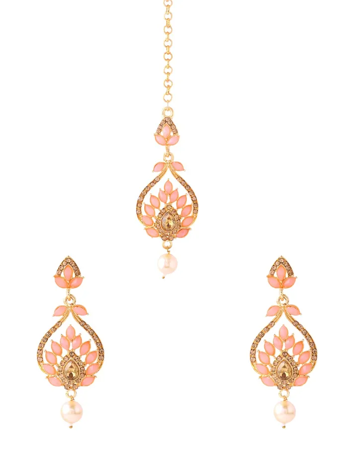 Yellow Chimes Necklaces Yellow Chimes Mangtika and Earring Set for Women GoldPlated Pink StoneStudded Leaf Design Earrings With Maangtikka For Women and Girls Yellow Chimes Necklaces Yellow Chimes Mangtika and Earring Set for Women GoldPlated Pink StoneStudded Leaf Design Earrings With Maangtikka For Women and Girls