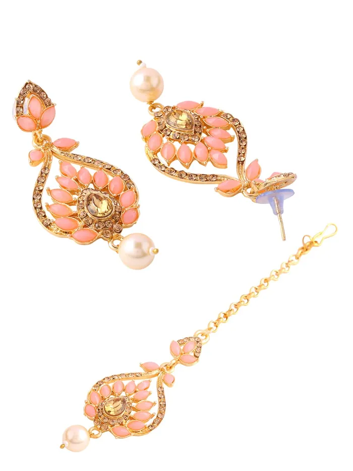 Yellow Chimes Necklaces Yellow Chimes Mangtika and Earring Set for Women GoldPlated Pink StoneStudded Leaf Design Earrings With Maangtikka For Women and Girls