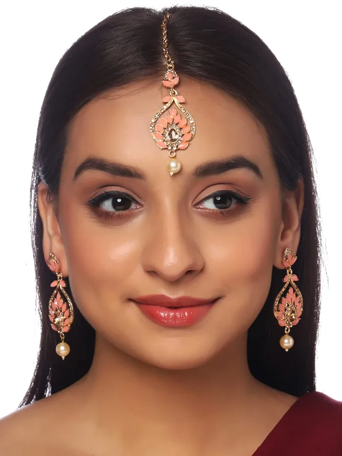 Yellow Chimes Necklaces Yellow Chimes Mangtika and Earring Set for Women GoldPlated Pink StoneStudded Leaf Design Earrings With Maangtikka For Women and Girls