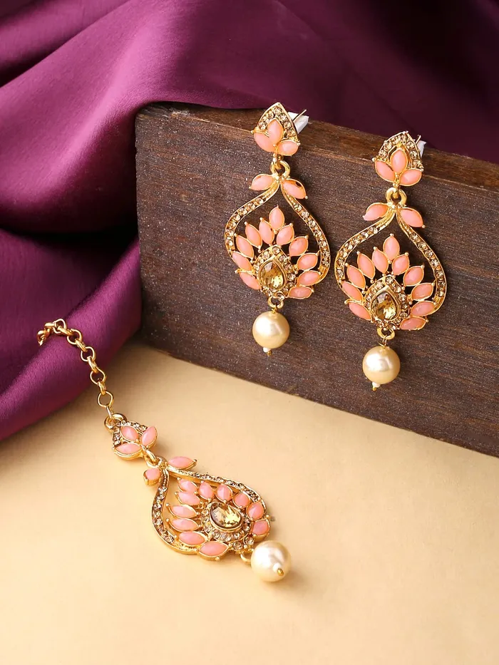 Yellow Chimes Necklaces Yellow Chimes Mangtika and Earring Set for Women GoldPlated Pink StoneStudded Leaf Design Earrings With Maangtikka For Women and Girls