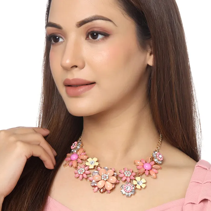 Yellow Chimes Necklaces Yellow Chimes Necklace For Women Gold Toned Pink color Floral Designed Crystal Necklace For Women and Girls