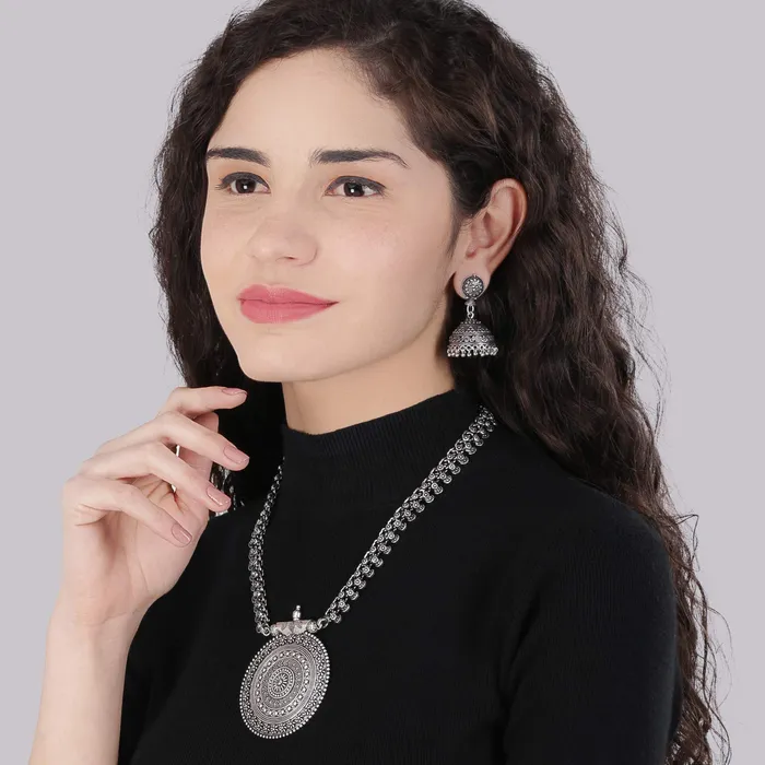 Yellow Chimes Necklaces Yellow Chimes Oxidised Necklace for Women Ethnic Silver Oxidised Long Necklace with Charm Traditional Jewellery for Women and Girls