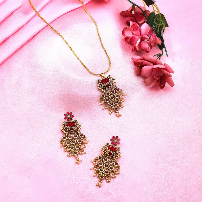 Yellow Chimes Necklaces Yellow Chimes Pendnat Set for Women and Girls Kundan Pendant Set Gold Plated Kundan Studded Drop Designed Pendant Set Birthday Gift for girls and women Anniversary Gift for Wife
