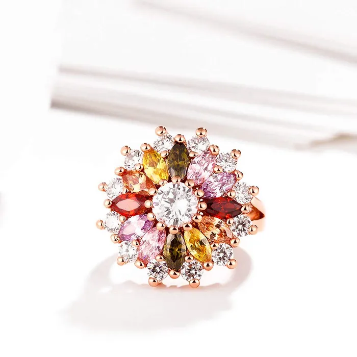 Yellow Chimes Necklaces Yellow Chimes Rings for Women Multicolor Floral Ring Sparkling Glamourously Swiss Zircon Multi Color Rose Gold Plated Adjustable Ring for Women and Girls