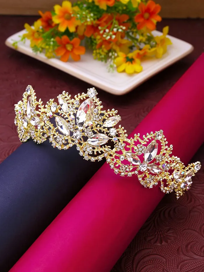Yellow Chimes Necklaces Yellow Chimes Tiara for Women and Girls Gold Plated Crown for Women White Crystal Studded Bridal Wedding Crown Tiaras for Women and Girls Gift For Women Girls Valentine Gift for Girls