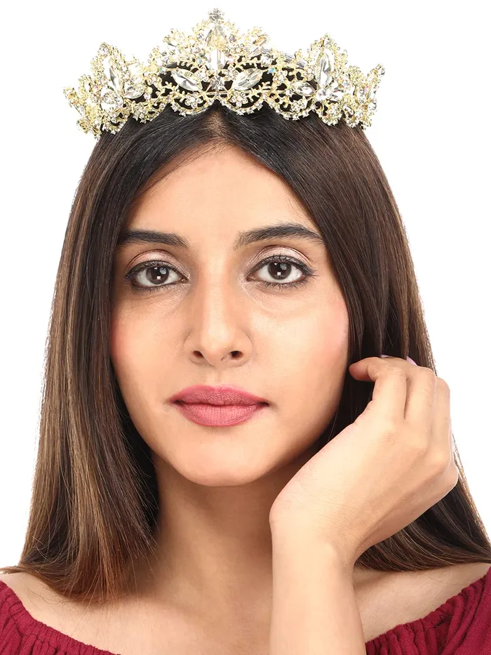 Yellow Chimes Necklaces Yellow Chimes Tiara for Women and Girls Gold Plated Crown for Women White Crystal Studded Bridal Wedding Crown Tiaras for Women and Girls Gift For Women Girls Valentine Gift for Girls