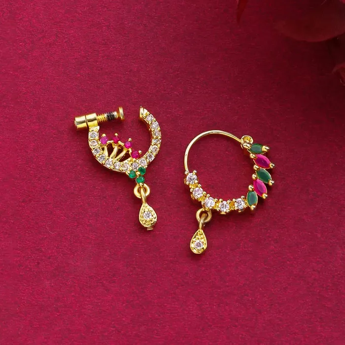Yellow Chimes Nose Rings for Women Set of 2 Pcs Nosepins Traditional GoldPlated White Pink American Diamond Nose Pins for Women and Girls Yellow Chimes Rings