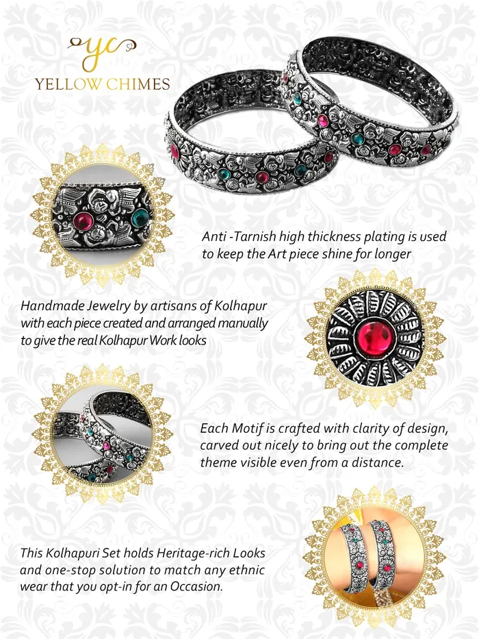 Yellow Chimes Oxidised Bangles Set for Women Authentic Kolhapuri Work Handmade Kundan Studded Bangles Sets for Women and Girls Yellow Chimes Necklaces