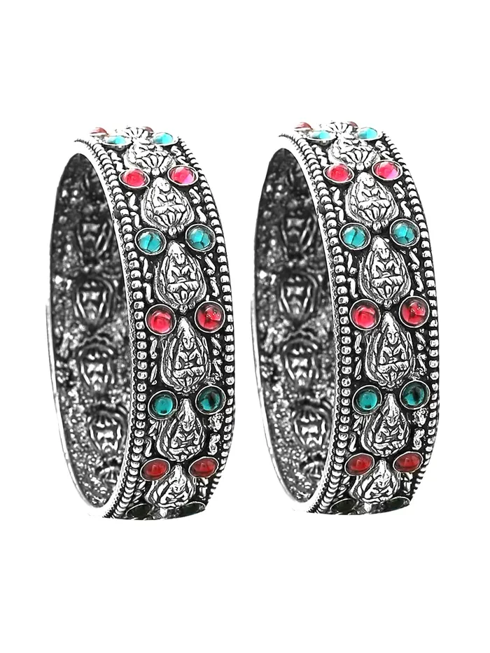 Yellow Chimes Oxidised Bangles Set for Women Authentic Kolhapuri Work Handmade Kundan Studded Silver Oxidized Bangles Sets for Women and Girls Yellow Chimes Watches