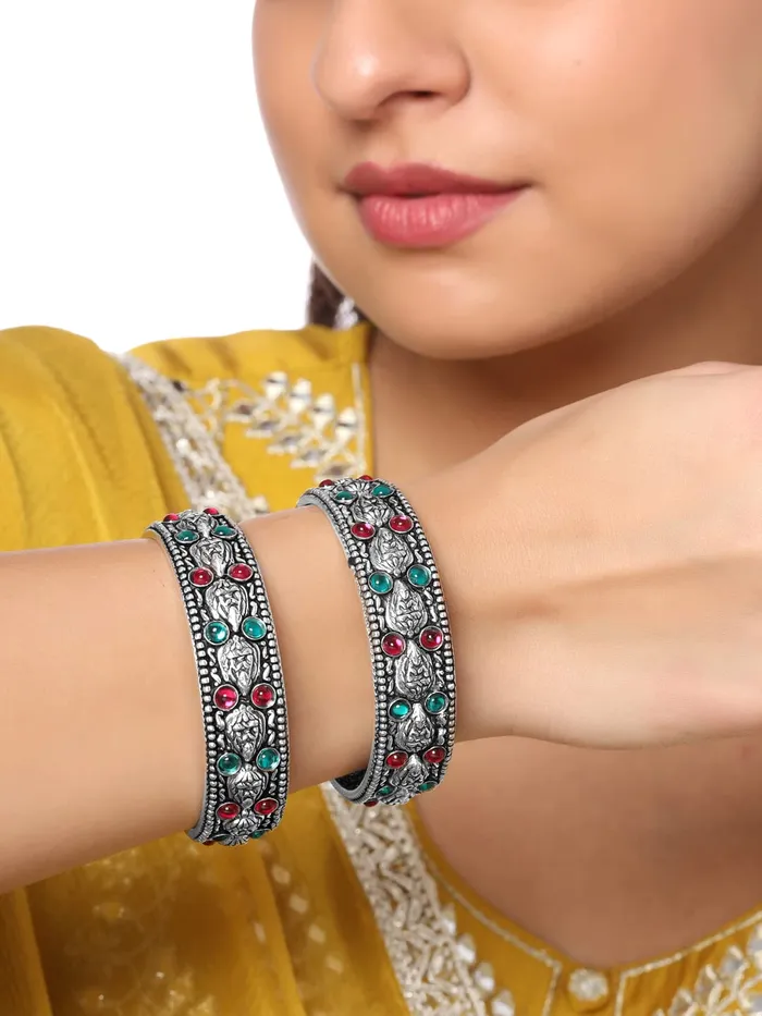 Yellow Chimes Oxidised Bangles Set for Women Authentic Kolhapuri Work Handmade Kundan Studded Silver Oxidized Bangles Sets for Women and Girls Yellow Chimes Watches