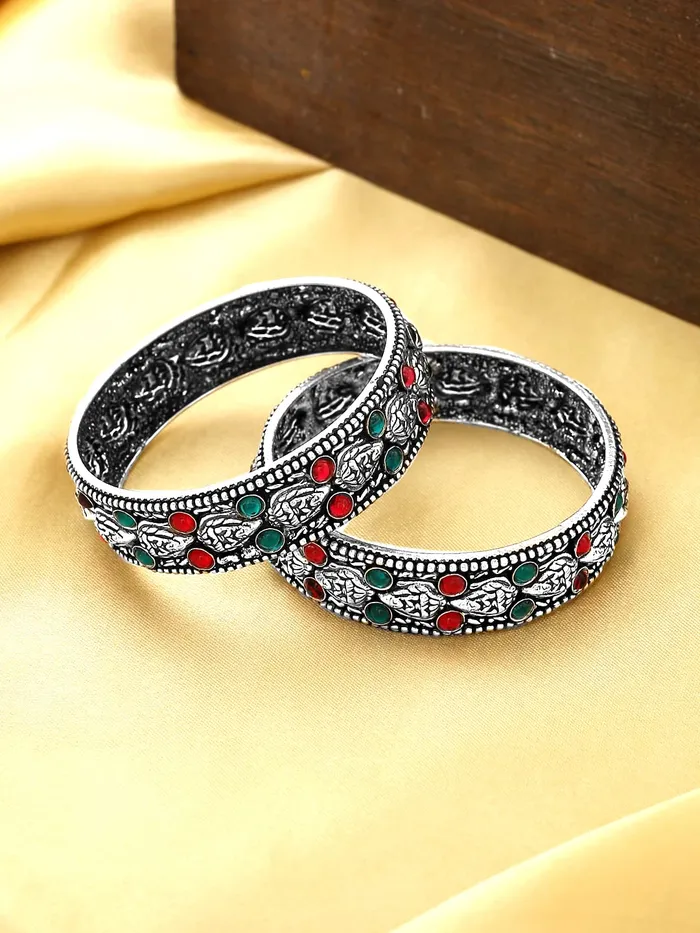 Yellow Chimes Oxidised Bangles Set for Women Authentic Kolhapuri Work Handmade Kundan Studded Silver Oxidized Bangles Sets for Women and Girls Yellow Chimes Watches