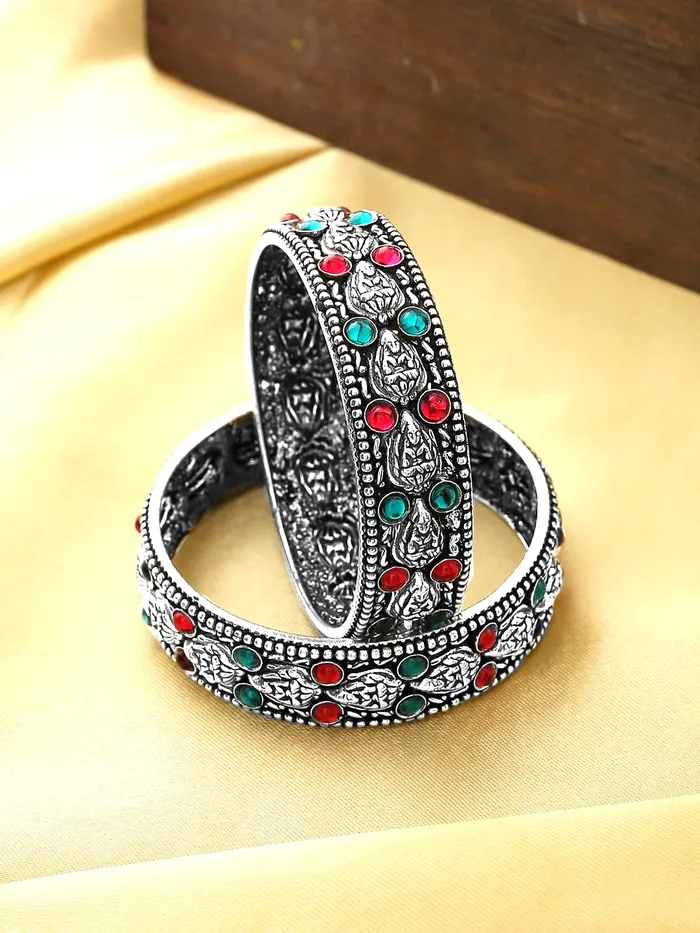 Yellow Chimes Oxidised Bangles Set for Women Authentic Kolhapuri Work Handmade Kundan Studded Silver Oxidized Bangles Sets for Women and Girls Yellow Chimes Watches