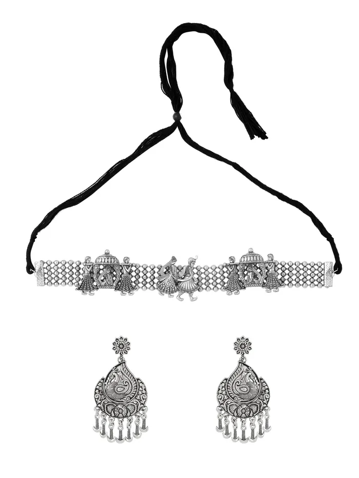 Yellow Chimes Oxidised Silver Jewellery Set Elegant Choker Necklace One Size Silver Earrings