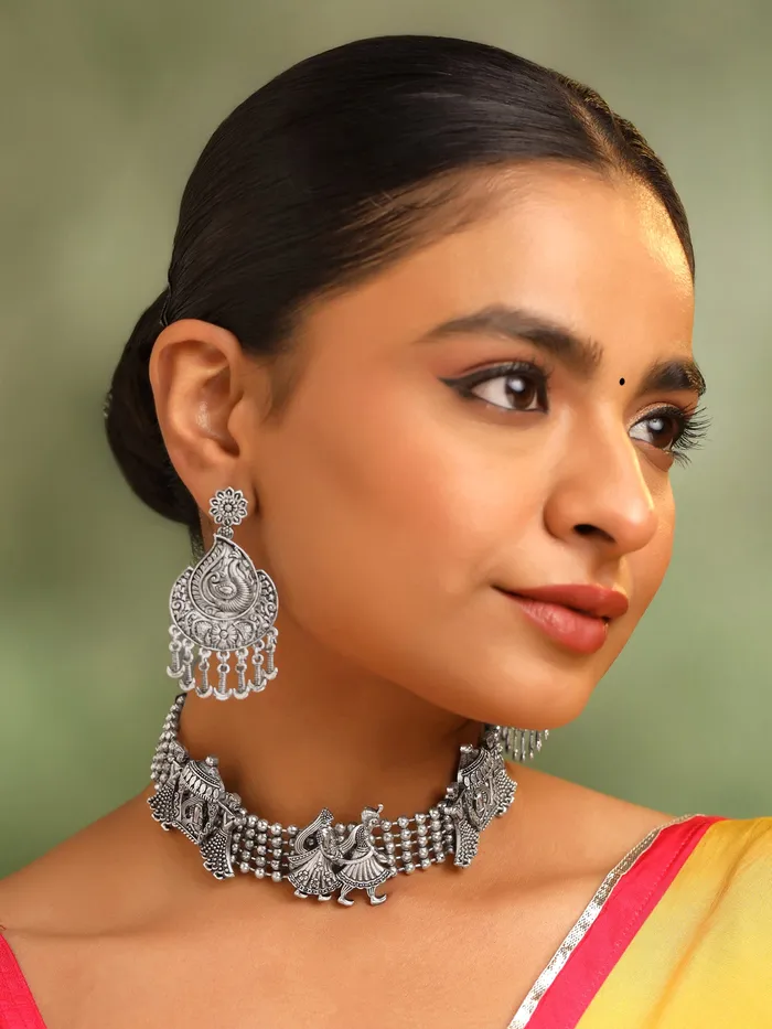 Yellow Chimes Oxidised Silver Jewellery Set Elegant Choker Necklace One Size Silver Earrings