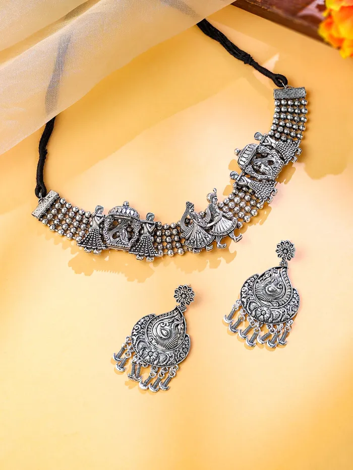 Yellow Chimes Oxidised Silver Jewellery Set Elegant Choker Necklace One Size Silver Earrings