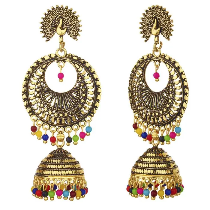 Yellow Chimes Oxidized Gold Plated Ethnic Design Traditional Peacock Long Chand Bali JhumkaJhumki Earrings for Women and Girls Yellow Chimes Necklaces