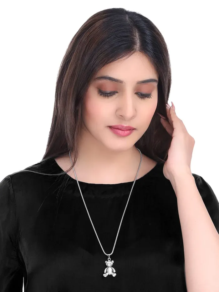 Yellow Chimes Pendant For Women Silver Teddy Pendant Charm Necklace Women Necklace Long Chains For Women Stylish Girls Gift Ideas Cute Jewellery Necklace For Girl Yellow Chimes Earrings