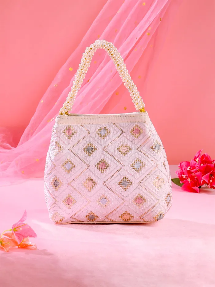 Yellow Chimes Potli Bags Ethnic Pearl Beaded Wristlet 18x8x18 cm White Yellow Chimes Rings