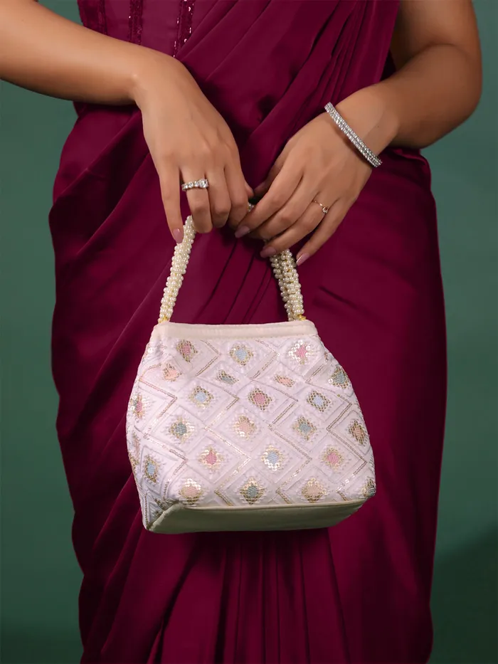 Yellow Chimes Potli Bags Ethnic Pearl Beaded Wristlet 18x8x18 cm White Yellow Chimes Rings