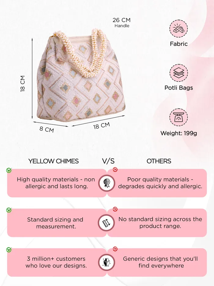 Yellow Chimes Potli Bags Ethnic Pearl Beaded Wristlet 18x8x18 cm White Yellow Chimes Rings